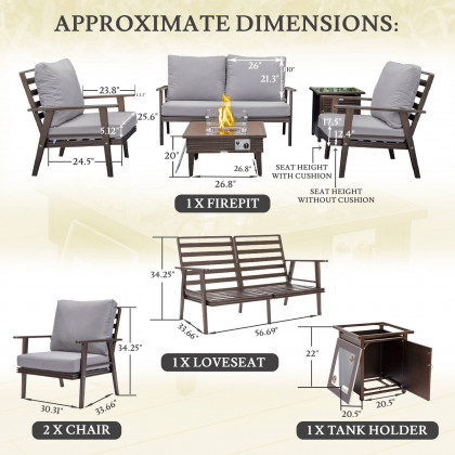 LeisureMod Walbrooke Modern Brown Patio Conversation With Square Fire Pit With Slats Design & Tank Holder - Gray