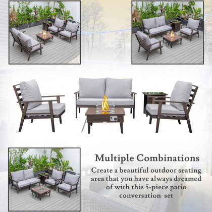 LeisureMod Walbrooke Modern Brown Patio Conversation With Square Fire Pit With Slats Design & Tank Holder - Gray