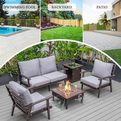 LeisureMod Walbrooke Modern Brown Patio Conversation With Square Fire Pit With Slats Design & Tank Holder - Gray