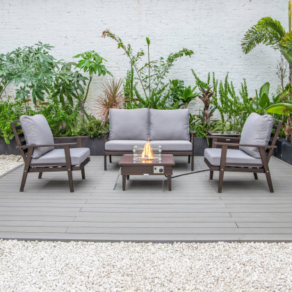 LeisureMod Walbrooke Modern Brown Patio Conversation With Square Fire Pit With Slats Design & Tank Holder - Gray