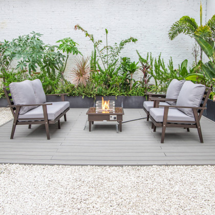 LeisureMod Walbrooke Modern Brown Patio Conversation With Square Fire Pit With Slats Design & Tank Holder - Gray