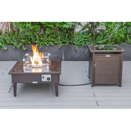 LeisureMod Walbrooke Modern Brown Patio Conversation With Square Fire Pit With Slats Design & Tank Holder - Gray
