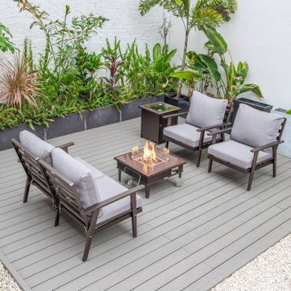 LeisureMod Walbrooke Modern Brown Patio Conversation With Square Fire Pit With Slats Design & Tank Holder - Gray