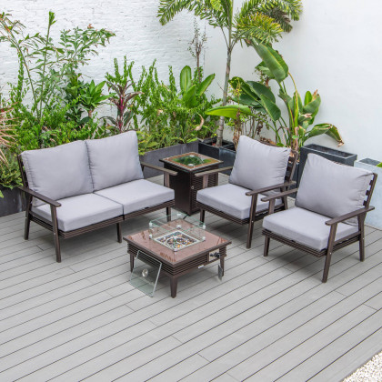 LeisureMod Walbrooke Modern Brown Patio Conversation With Square Fire Pit With Slats Design & Tank Holder - Gray