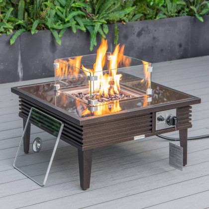 LeisureMod Walbrooke Modern Brown Patio Conversation With Square Fire Pit With Slats Design & Tank Holder - Gray