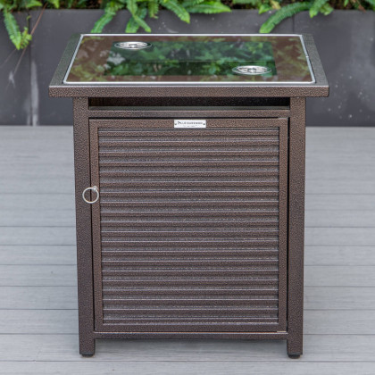 LeisureMod Walbrooke Modern Brown Patio Conversation With Square Fire Pit With Slats Design & Tank Holder - Gray