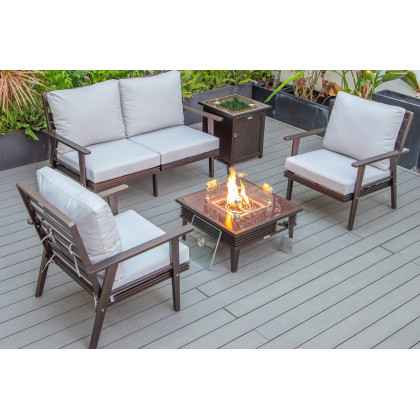 LeisureMod - Walbrooke Modern Black Patio Conversation With Square Fire Pit With Slats Design & Tank Holder