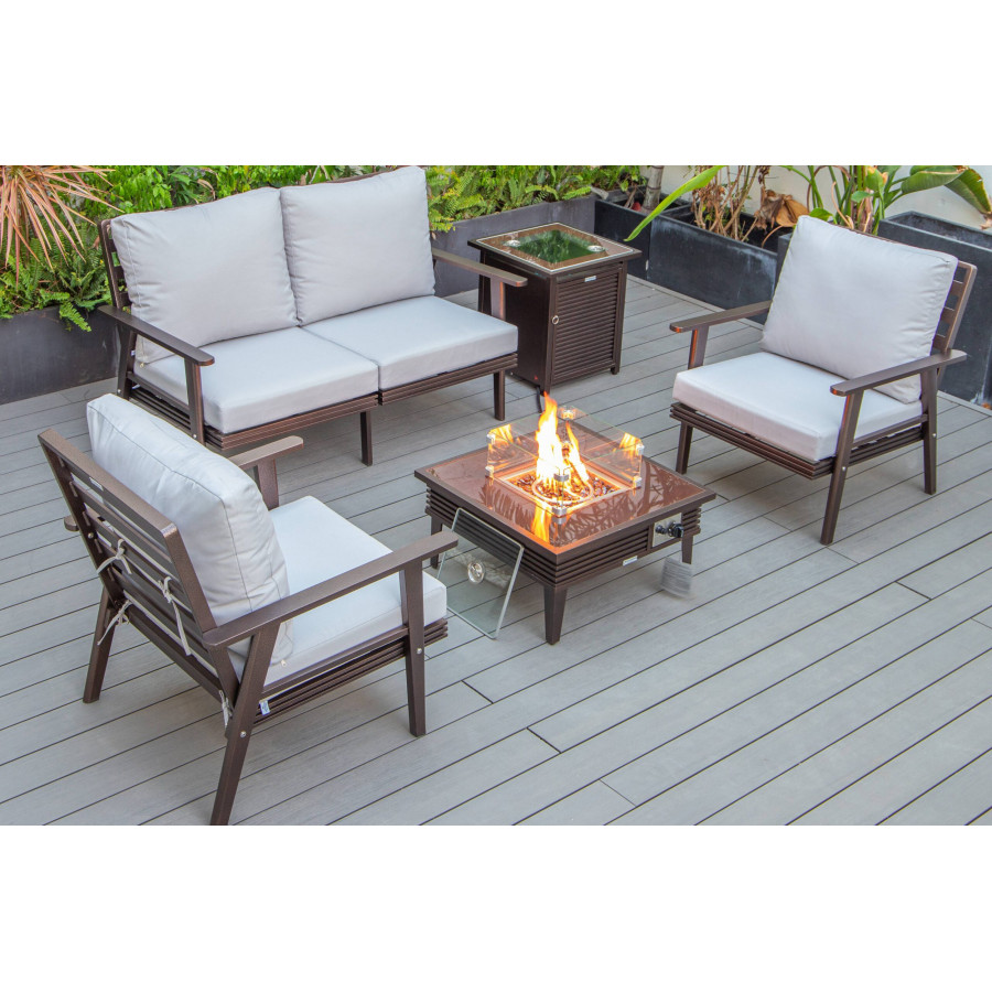 LeisureMod Walbrooke Modern Brown Patio Conversation With Square Fire Pit With Slats Design & Tank Holder - Light Gray