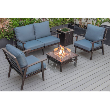 LeisureMod - Walbrooke Modern Black Patio Conversation With Square Fire Pit With Slats Design & Tank Holder