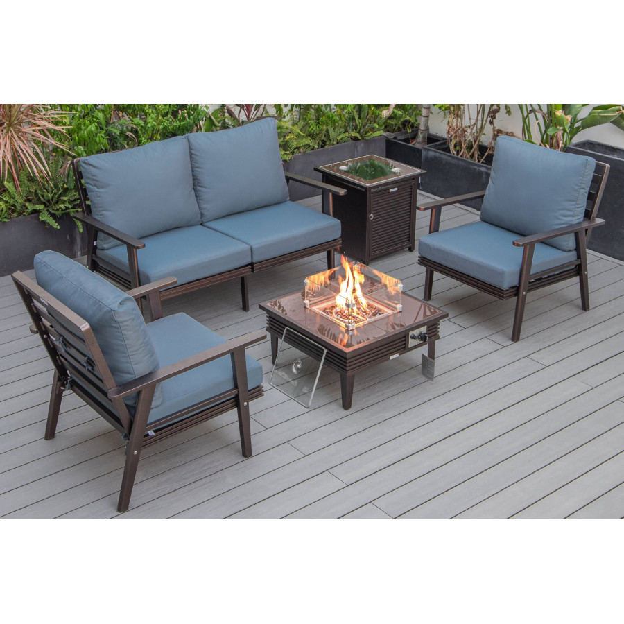 LeisureMod Walbrooke Modern Brown Patio Conversation With Square Fire Pit With Slats Design & Tank Holder - Navy Blue
