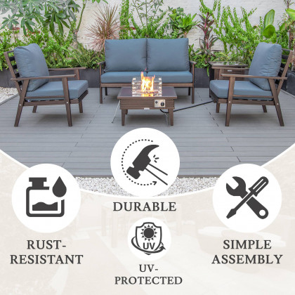 LeisureMod Walbrooke Modern Brown Patio Conversation With Square Fire Pit With Slats Design & Tank Holder - Navy Blue