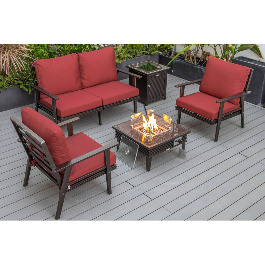 LeisureMod - Walbrooke Modern Black Patio Conversation With Square Fire Pit With Slats Design & Tank Holder