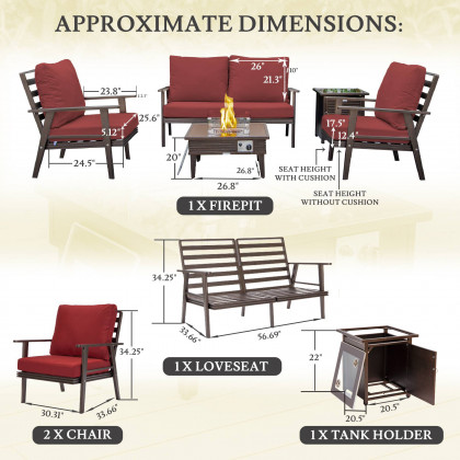 LeisureMod Walbrooke Modern Brown Patio Conversation With Square Fire Pit With Slats Design & Tank Holder - Red