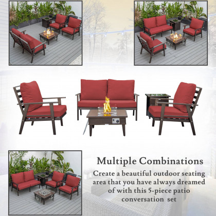 LeisureMod Walbrooke Modern Brown Patio Conversation With Square Fire Pit With Slats Design & Tank Holder - Red