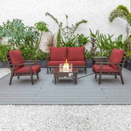 LeisureMod Walbrooke Modern Brown Patio Conversation With Square Fire Pit With Slats Design & Tank Holder - Red