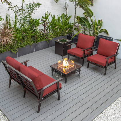 LeisureMod Walbrooke Modern Brown Patio Conversation With Square Fire Pit With Slats Design & Tank Holder - Red