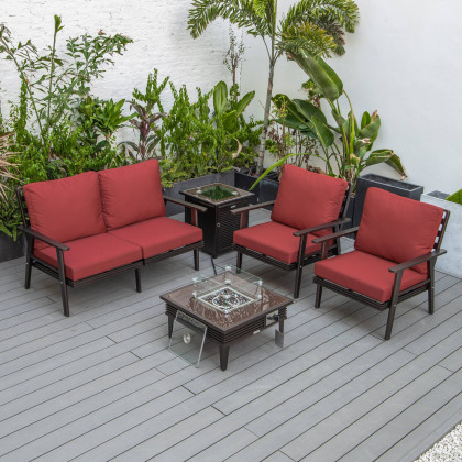 LeisureMod Walbrooke Modern Brown Patio Conversation With Square Fire Pit With Slats Design & Tank Holder - Red