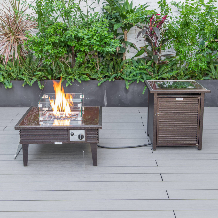 LeisureMod Walbrooke Outdoor Patio Square Fire Pit and Tank Holder with Slats Design - Brown