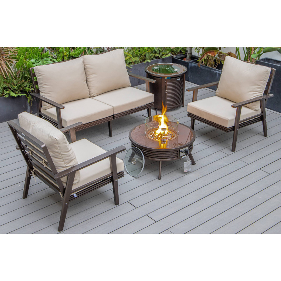 LeisureMod Walbrooke Modern Brown Patio Conversation With Round Fire Pit With Slats Design & Tank Holder - Beige