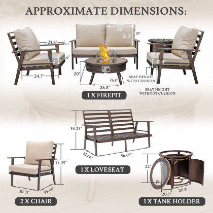 LeisureMod Walbrooke Modern Brown Patio Conversation With Round Fire Pit With Slats Design & Tank Holder - Beige