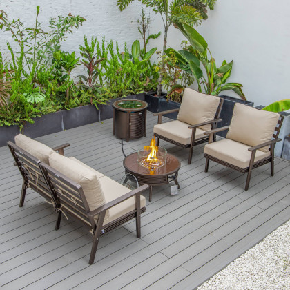 LeisureMod Walbrooke Modern Brown Patio Conversation With Round Fire Pit With Slats Design & Tank Holder - Beige