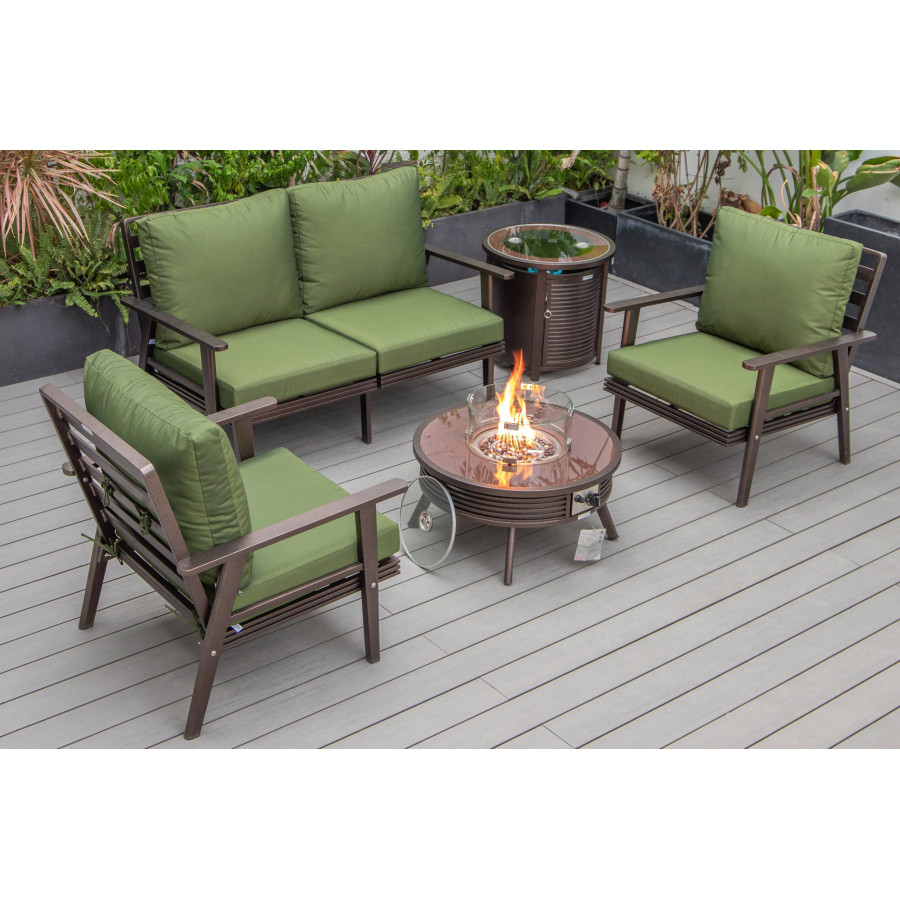LeisureMod Walbrooke Modern Brown Patio Conversation With Round Fire Pit With Slats Design & Tank Holder - Green