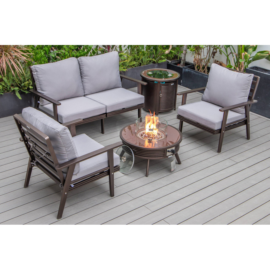 LeisureMod Walbrooke Modern Brown Patio Conversation With Round Fire Pit With Slats Design & Tank Holder - Gray