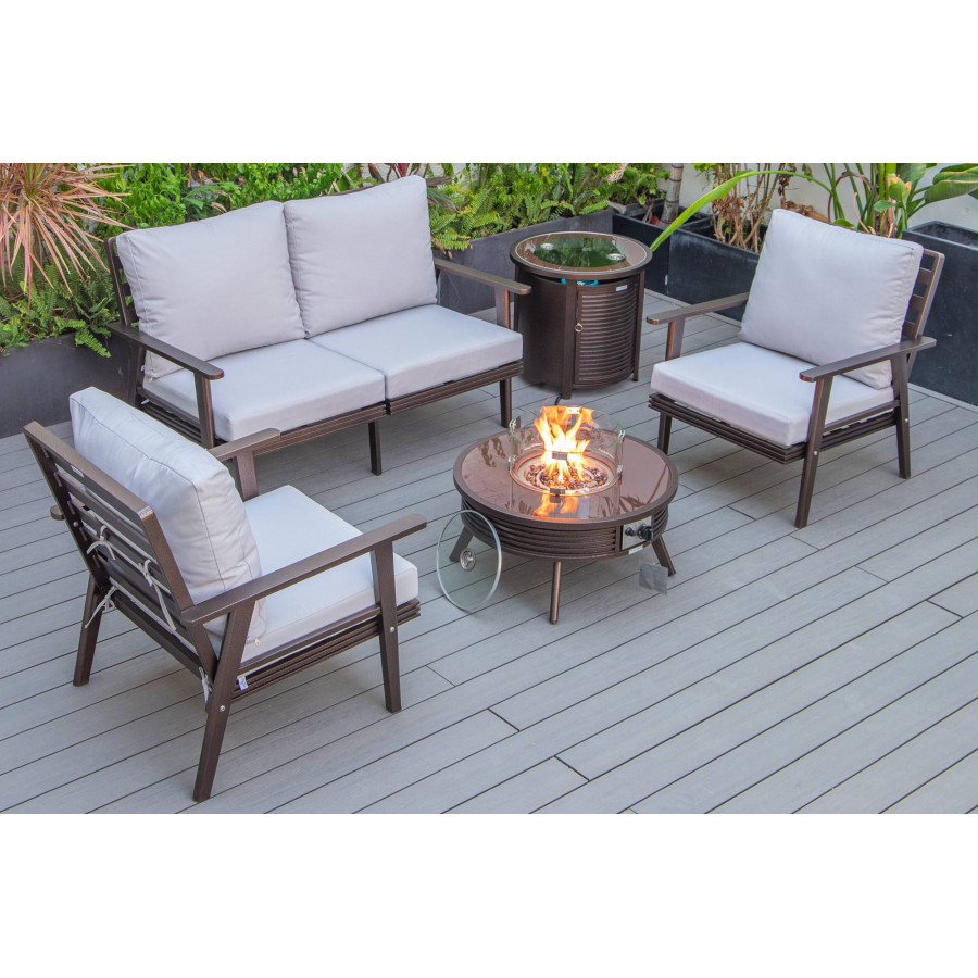 LeisureMod Walbrooke Modern Brown Patio Conversation With Round Fire Pit With Slats Design & Tank Holder - Light Gray