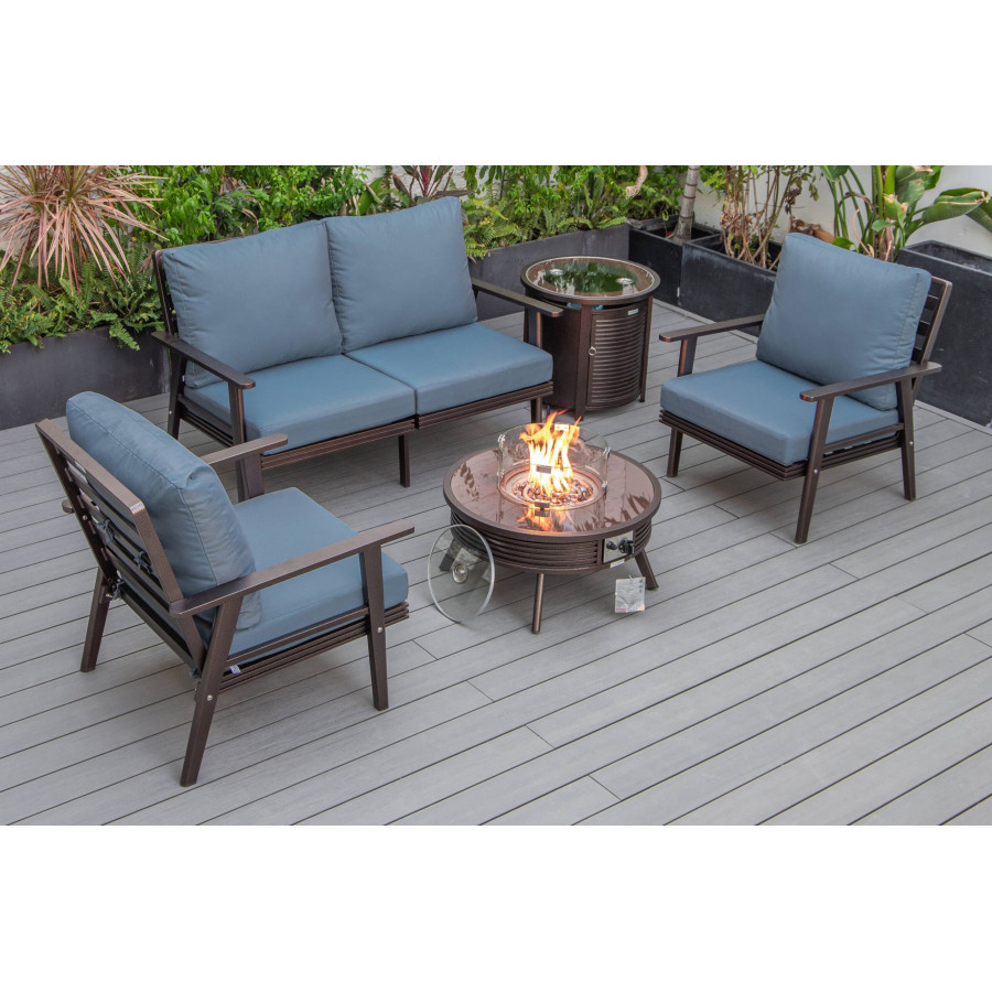 LeisureMod Walbrooke Modern Brown Patio Conversation With Round Fire Pit With Slats Design & Tank Holder - Navy Blue
