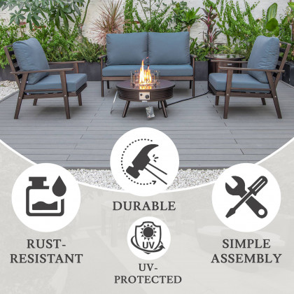 LeisureMod Walbrooke Modern Brown Patio Conversation With Round Fire Pit With Slats Design & Tank Holder - Navy Blue