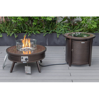 LeisureMod Walbrooke Modern Brown Patio Conversation With Round Fire Pit With Slats Design & Tank Holder - Navy Blue