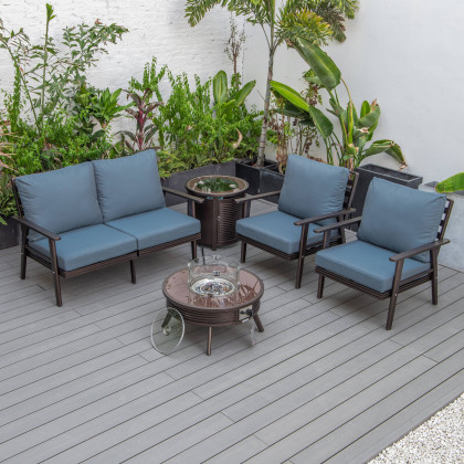 LeisureMod Walbrooke Modern Brown Patio Conversation With Round Fire Pit With Slats Design & Tank Holder - Navy Blue
