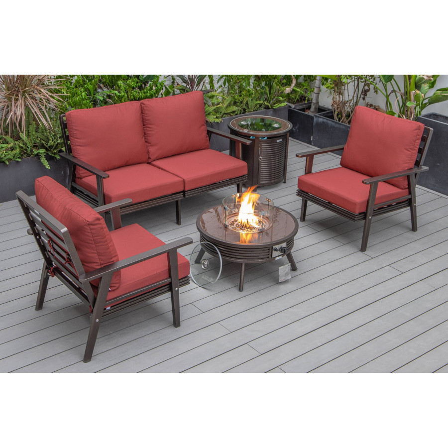LeisureMod Walbrooke Modern Brown Patio Conversation With Round Fire Pit With Slats Design & Tank Holder - Red