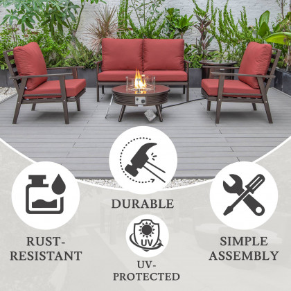 LeisureMod Walbrooke Modern Brown Patio Conversation With Round Fire Pit With Slats Design & Tank Holder - Red
