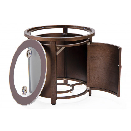 LeisureMod Walbrooke Modern Brown Patio Conversation With Round Fire Pit With Slats Design & Tank Holder - Red