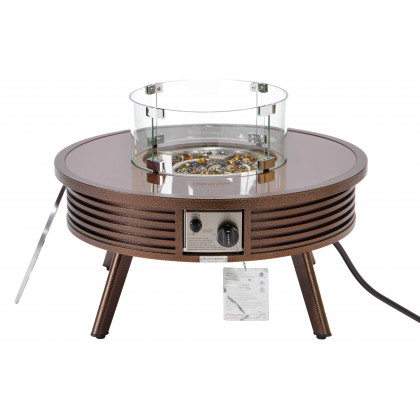 LeisureMod Walbrooke Modern Outdoor Round Fire Pit Table with Powder-Coated Aluminum Frame and Slats Design - Brown