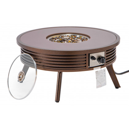 LeisureMod Walbrooke Modern Outdoor Round Fire Pit Table with Powder-Coated Aluminum Frame and Slats Design - Brown