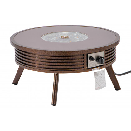 LeisureMod Walbrooke Modern Outdoor Round Fire Pit Table with Powder-Coated Aluminum Frame and Slats Design - Brown