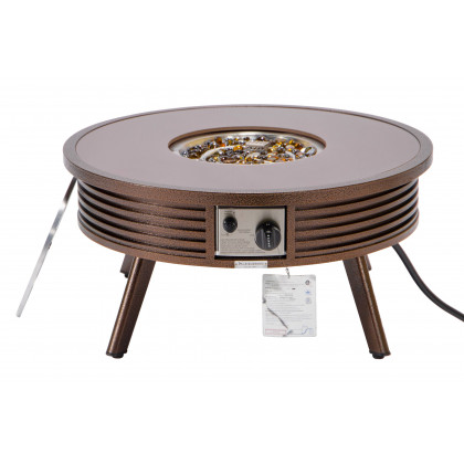 LeisureMod Walbrooke Modern Outdoor Round Fire Pit Table with Powder-Coated Aluminum Frame and Slats Design - Brown