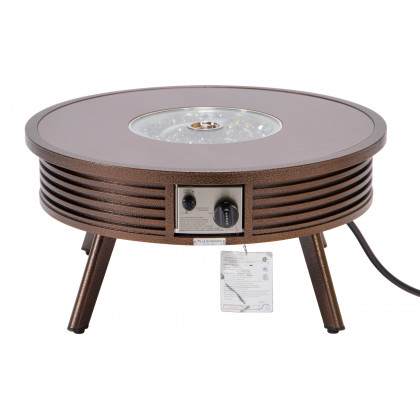 LeisureMod Walbrooke Modern Outdoor Round Fire Pit Table with Powder-Coated Aluminum Frame and Slats Design - Brown
