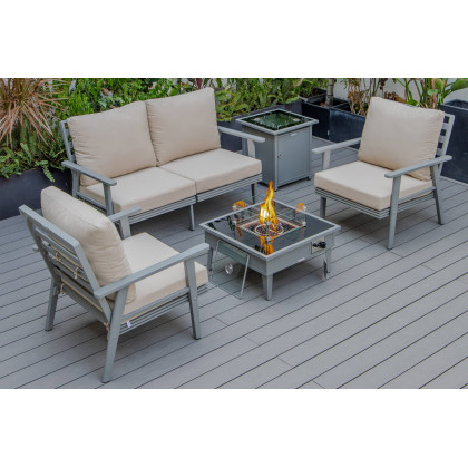 LeisureMod - Walbrooke Modern Black Patio Conversation With Square Fire Pit & Tank Holder