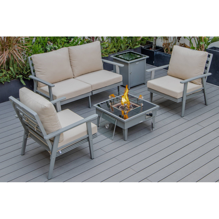 LeisureMod Walbrooke Modern Gray Patio Conversation With Square Fire Pit & Tank Holder - Beige