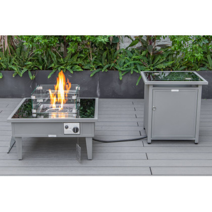 LeisureMod Walbrooke Modern Gray Patio Conversation With Square Fire Pit & Tank Holder - Beige