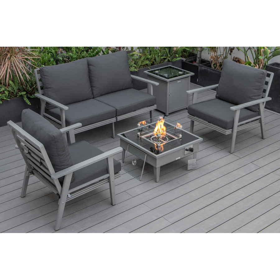 LeisureMod Walbrooke Modern Gray Patio Conversation With Square Fire Pit & Tank Holder - Charcoal
