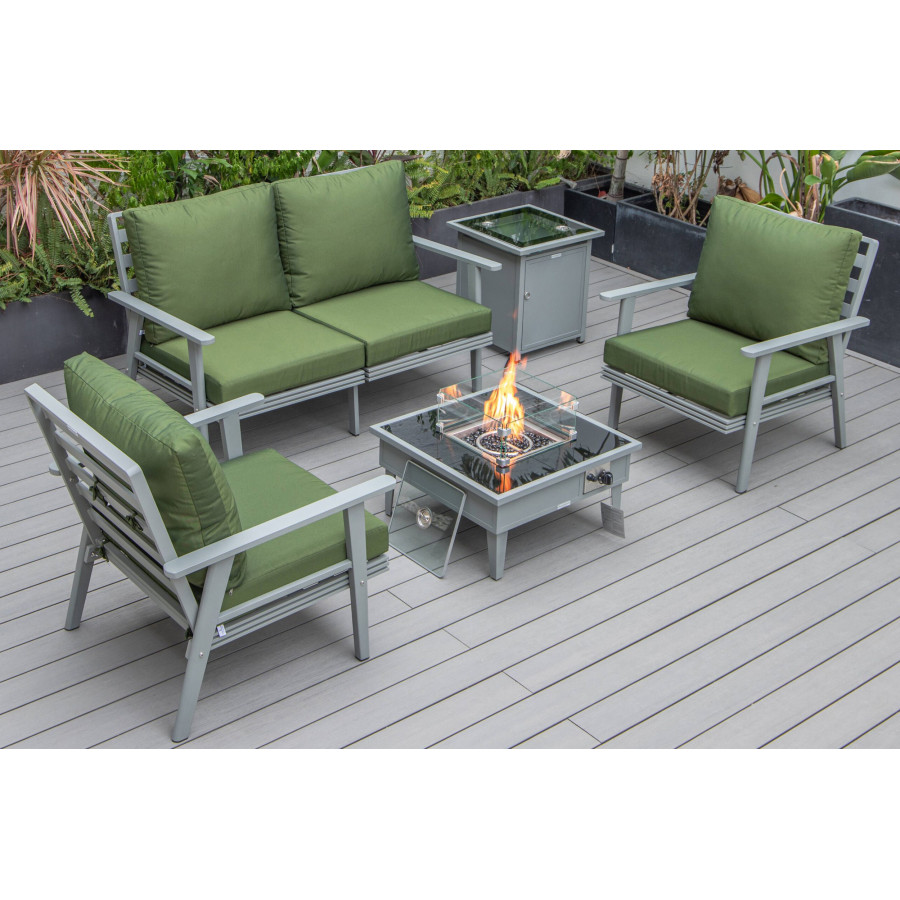 LeisureMod Walbrooke Modern Gray Patio Conversation With Square Fire Pit & Tank Holder - Green