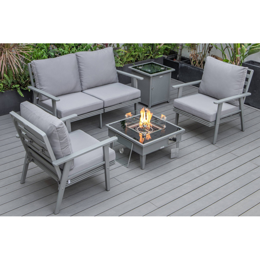 LeisureMod Walbrooke Modern Gray Patio Conversation With Square Fire Pit & Tank Holder - Gray