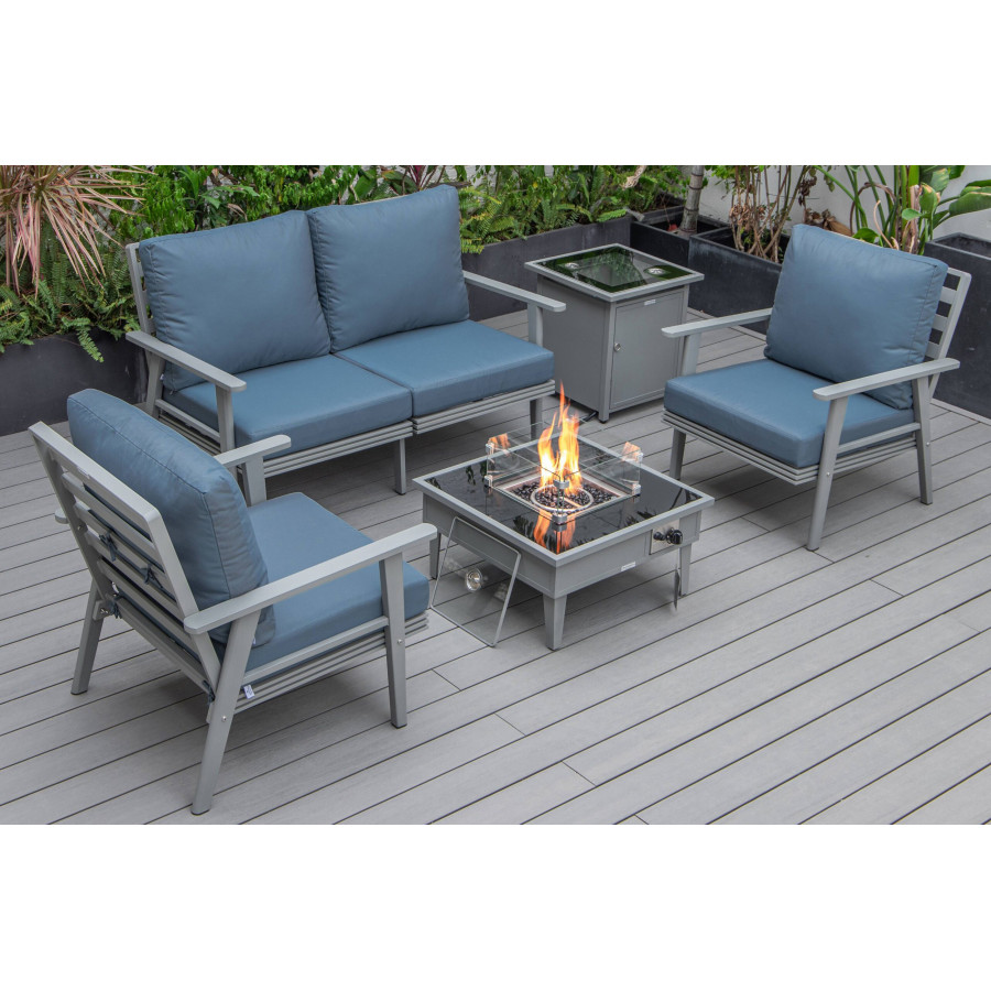 LeisureMod Walbrooke Modern Gray Patio Conversation With Square Fire Pit & Tank Holder - Navy Blue