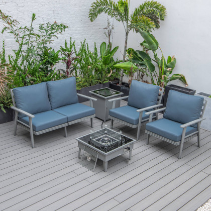 LeisureMod Walbrooke Modern Gray Patio Conversation With Square Fire Pit & Tank Holder - Navy Blue