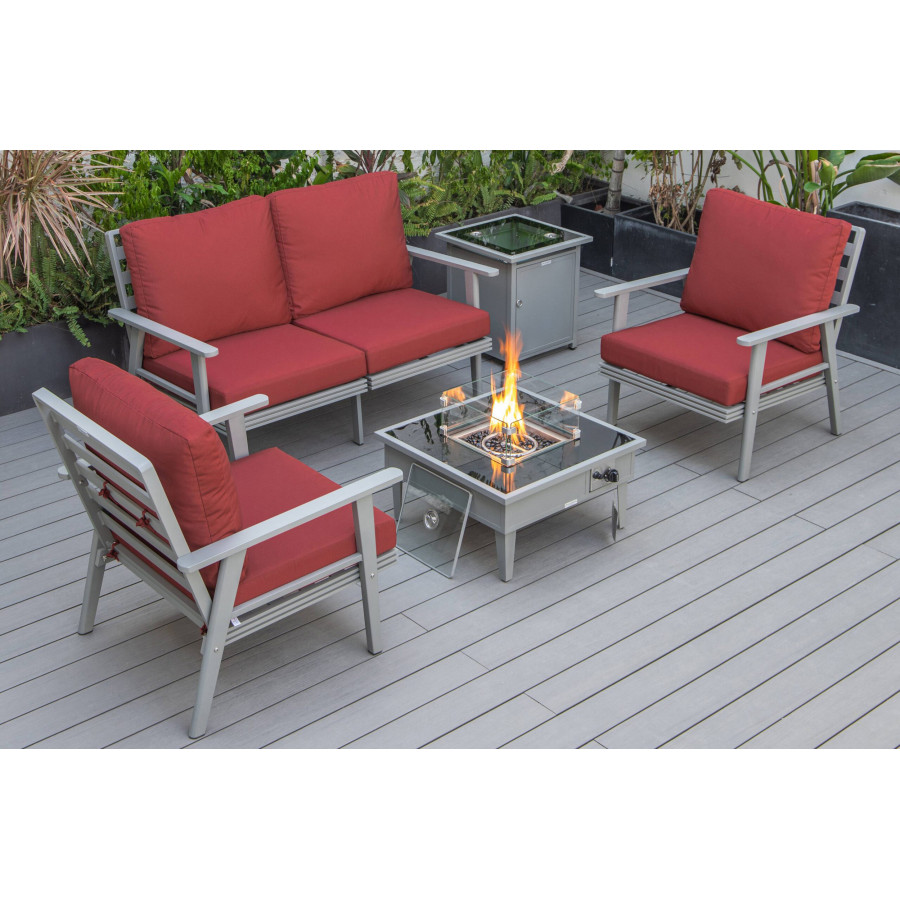 LeisureMod Walbrooke Modern Gray Patio Conversation With Square Fire Pit & Tank Holder - Red