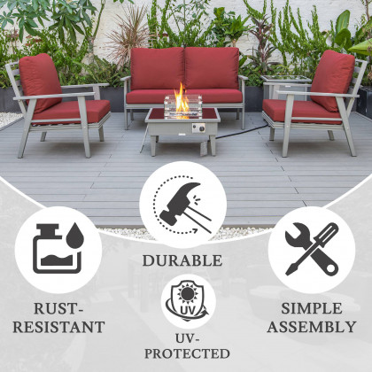 LeisureMod Walbrooke Modern Gray Patio Conversation With Square Fire Pit & Tank Holder - Red
